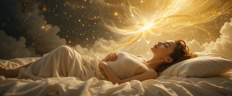 Pessoa vivenciando projeção astral pacífica após leitura, com corpo espiritual flutuando.