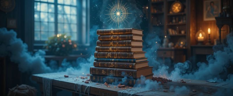 Pilha de livros espirituais com símbolos cósmicos ao redor.