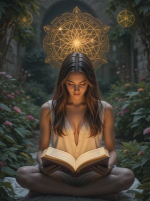 Pessoa lendo livro luminoso em um jardim tranquilo.