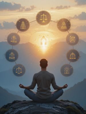 Pessoa meditando ao amanhecer com ícones das leis universais ao redor.
