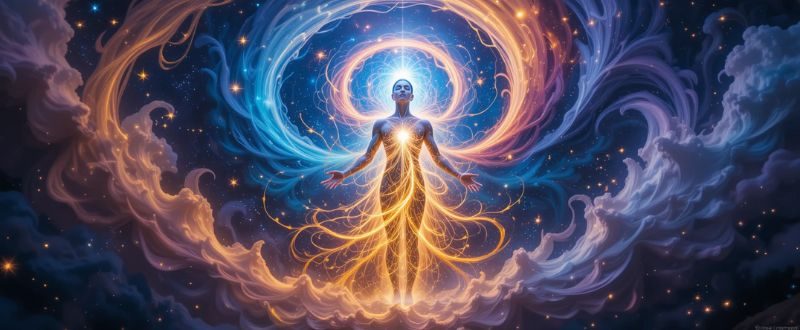 Figura humana envolta por energia cósmica em expansão.