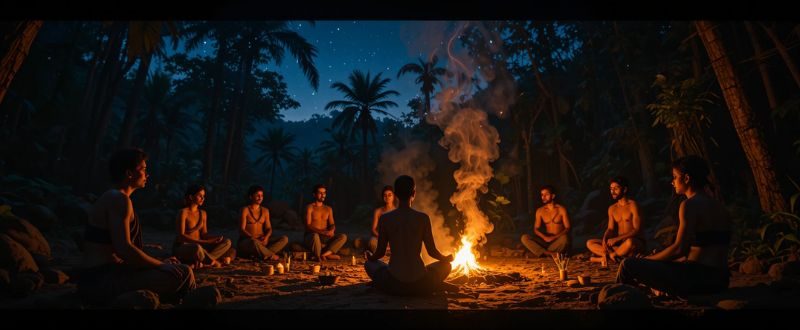 Meditação ao redor do fogo durante a cerimônia de Ayahuasca na floresta.