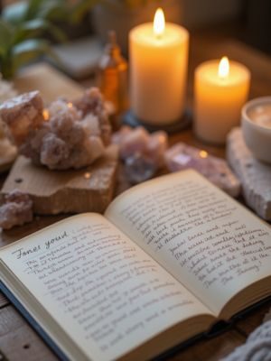 Caderno com reflexões escritas à mão ao lado de vela e cristais, representando o processo de despertar interior.