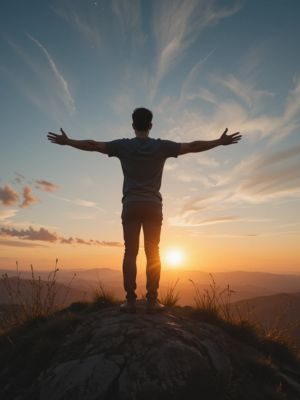 Pessoa de braços abertos no topo de uma colina ao amanhecer, simbolizando liberdade e alinhamento.