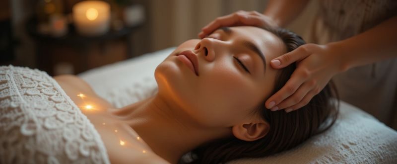 Pessoa deitada com olhos fechados recebendo energia Reiki.