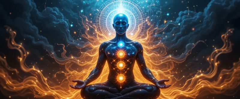 Figura humana com chakras alinhados e energia fluindo.