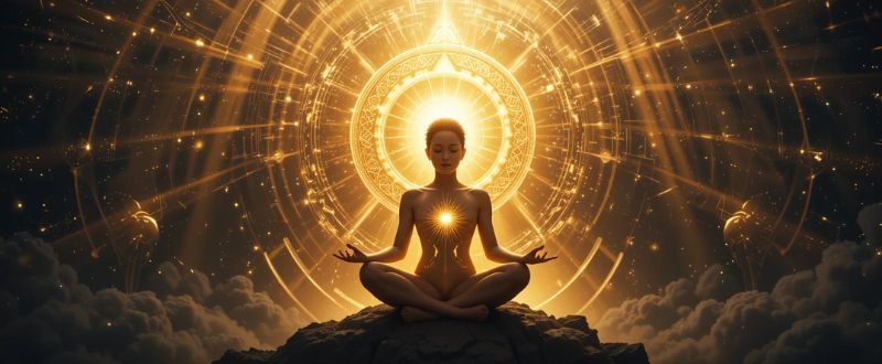 Pessoa meditando envolta por aura dourada e luz cósmica.