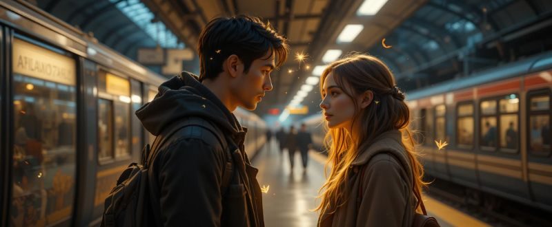 Dois estranhos se encontram em uma estação de trem com energia luminosa ao redor.