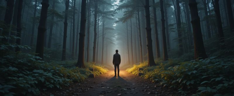 Pessoa diante de dois caminhos na floresta, um iluminado e outro escurecido.