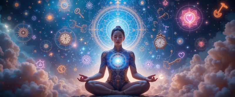 Pessoa meditando cercada por símbolos flutuantes representando sincronicidade.