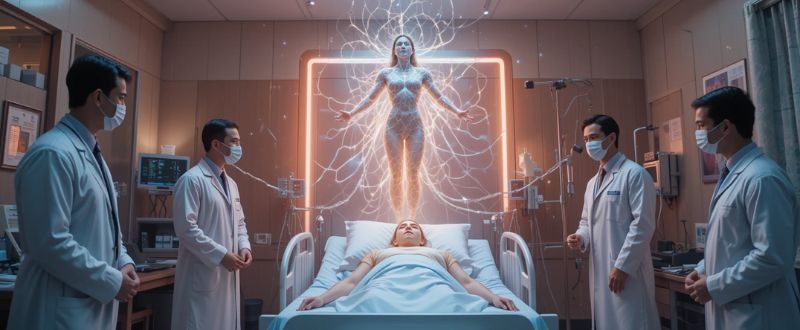 Pessoa flutuando sobre o corpo físico em hospital, simbolizando EQM.