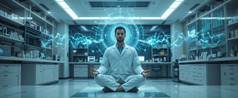 Cientista meditando em laboratório com ondas holográficas ao redor.