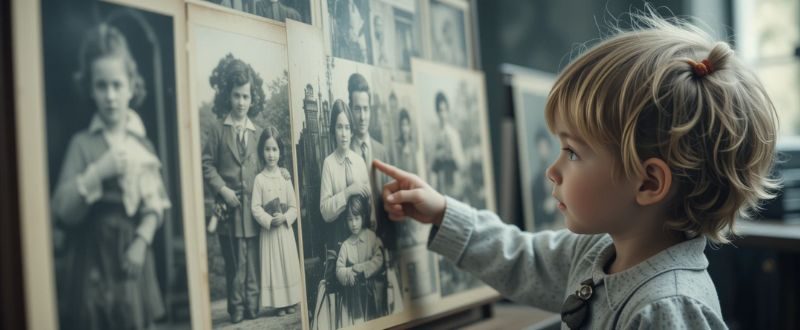 Criança apontando para foto antiga com imagens do passado ao fundo.