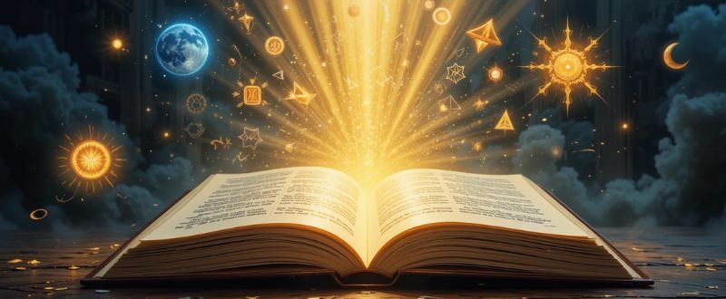 Livro aberto com luz dourada irradiando de suas páginas, representando o poder transformador das frases de autoconhecimento.