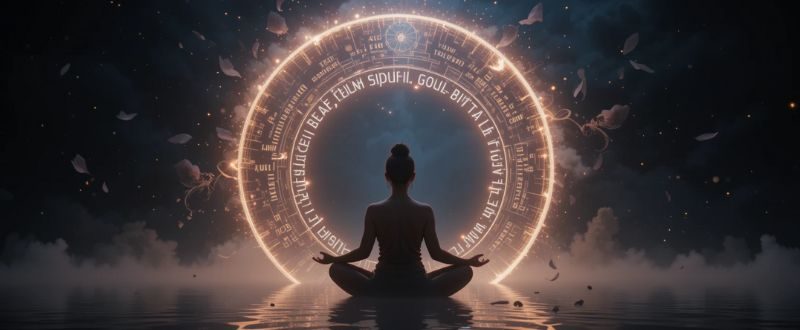 Pessoa meditando dentro de um círculo de frases iluminadas, representando a prática de interiorizar sabedorias curtas com profundidade.