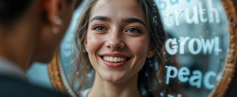 Espelho refletindo uma pessoa sorrindo para si mesma, cercada por palavras como “verdade”, “crescimento” e “paz”, simbolizando o reconhecimento interno.