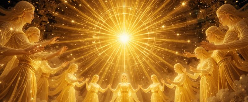 Seres de luz em círculo, irradiando energia dourada de unidade.