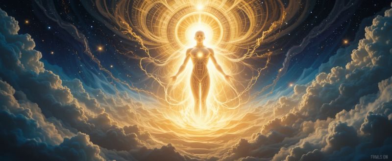 Alma luminosa encarnando em corpo humano, envolta em energia espiritual.