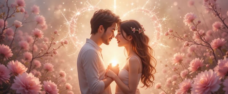 Abraço rodeado de flores e energia em forma de coração.