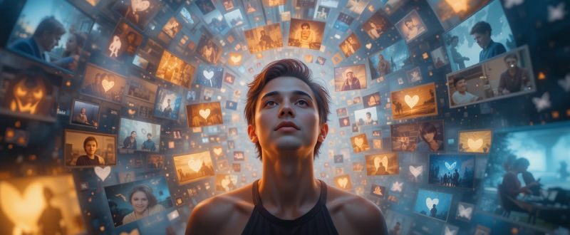 Memórias da vida rodeando uma pessoa, com emoções intensas e luz suave.
