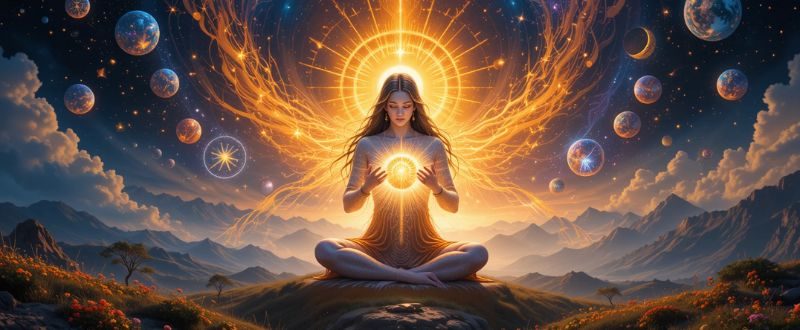 Ser espiritual abraçando alma humana em paisagem celestial.