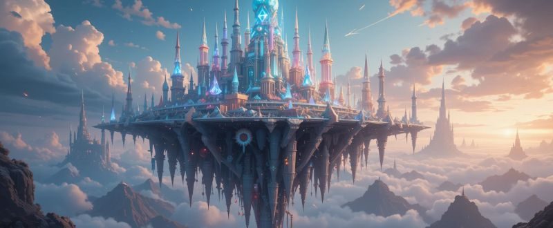 Cidade de cristal flutuando no céu, com estruturas brilhantes e cores etéreas.