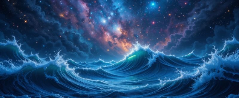 Oceano cósmico com estrelas brilhantes como ondas, em cores vibrantes e surreais.