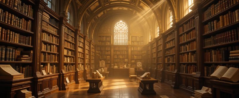 Biblioteca infinita com livros flutuantes e luz dourada, atmosfera pacífica e mágica.