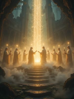 Espírito chegando a um lugar de luz, sendo recebido por seres iluminados.