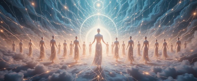 Figuras conectadas por linhas de luz, representando a Lei da Unidade.