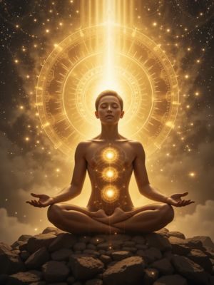Pessoa meditando envolta por luz dourada ativando a energia de cura.
