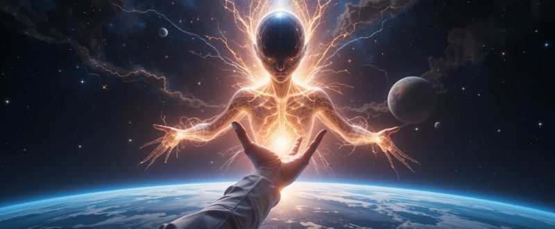 Ser extraterrestre de luz estendendo a mão em direção à Terra no espaço cósmico.