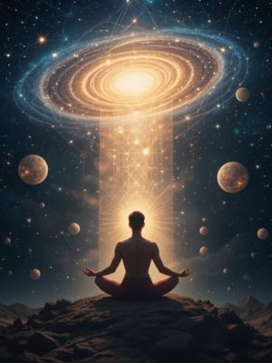 Pessoa meditando sob as estrelas envolta em orbes de luz e projeção da galáxia.