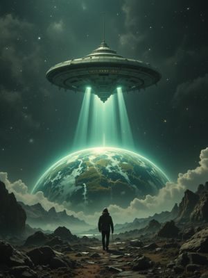 Nave extraterrestre observando a Terra em crise ambiental, emitindo luz protetora.