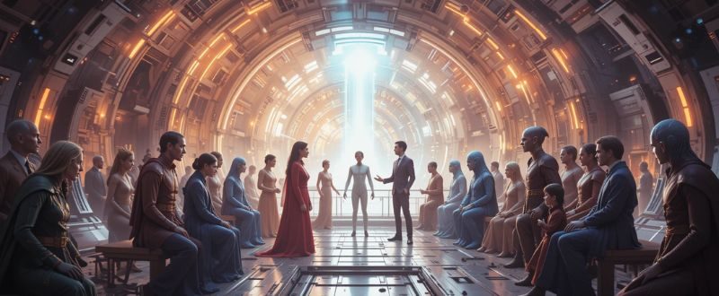 Seres extraterrestres e humanos reunidos em uma estação espacial em paz.
