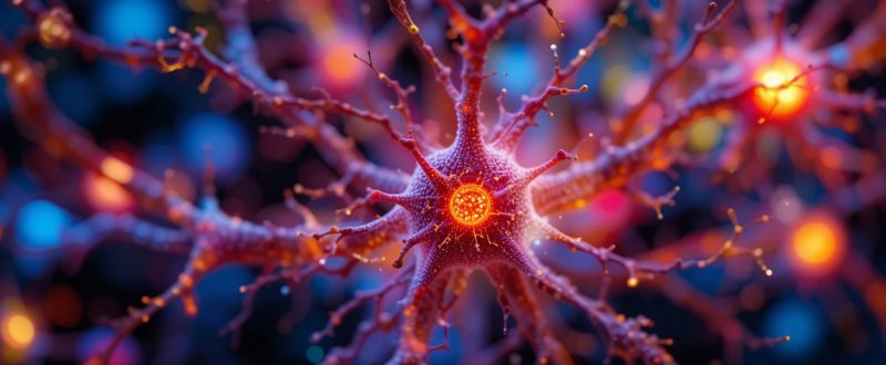 Neurônios disparando com atividade neural colorida, representando teoria neuroquímica sobre EQMs.