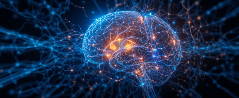 Atividade no lobo temporal do cérebro destacada durante EQM, simbolizando teoria neurofisiológica.