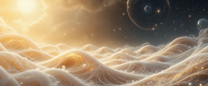 Cena cósmica abstrata com ondas de energia formando formas, representando Consciência como base da realidade.