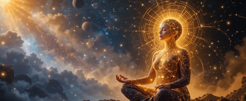 Pessoa meditando conectada a um campo cósmico luminoso, ilustrando teorias sobre Consciência Universal.