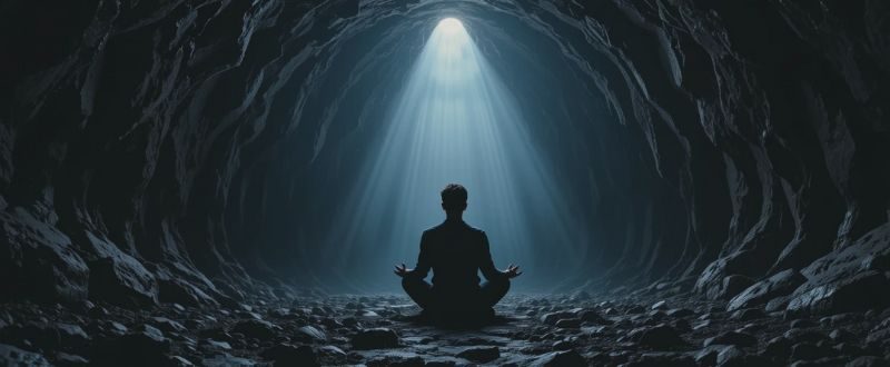 Pessoa sentada em posição de lótus em uma caverna com luz à frente, representando barreiras internas que bloqueiam o autoconhecimento.