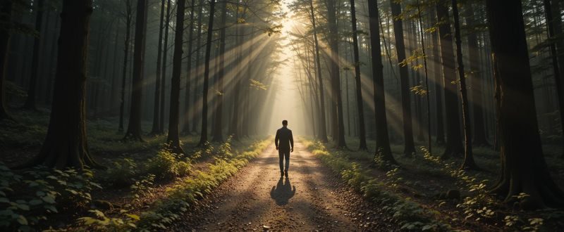 Pessoa caminhando confiante por uma trilha na floresta com raios de sol, simbolizando a clareza após superar barreiras para o autoconhecimento.