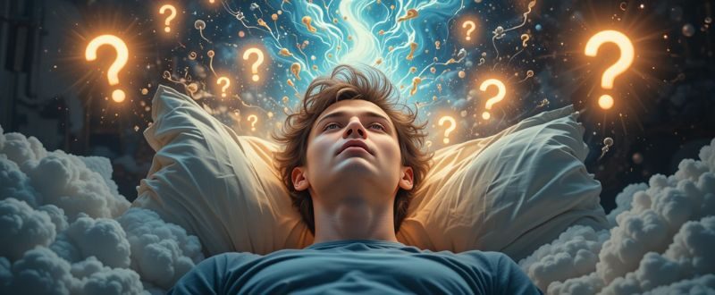 Pessoa dentro de um sonho percebendo que está sonhando, com símbolos e luzes ao redor.