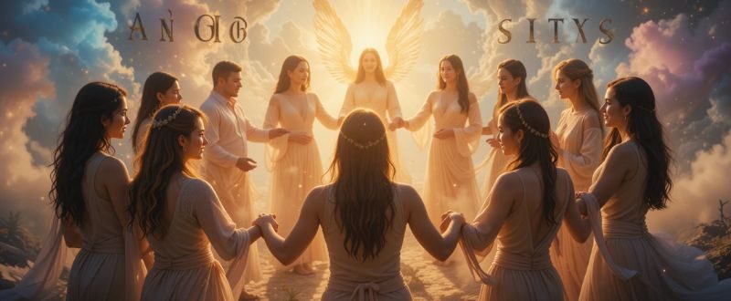 Grupo unido em um círculo de luz com guias espirituais ao redor.