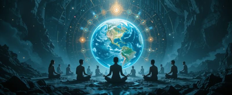 Planeta Terra cercado por energia espiritual luminosa e pessoas em conexão.