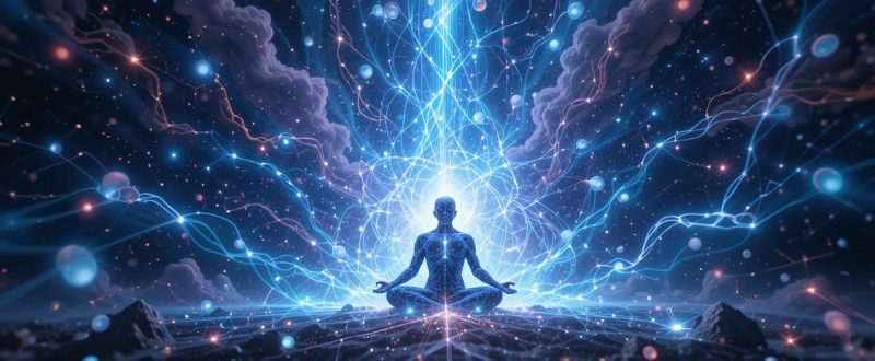 Pessoa meditando cercada por partículas abstratas e luz, simbolizando a consciência interagindo com campos de energia.