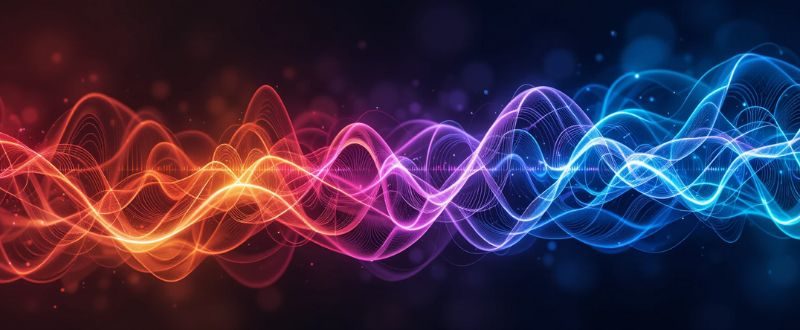 Representação abstrata de emoções como ondas de energia coloridas, mostrando frequências vibracionais.