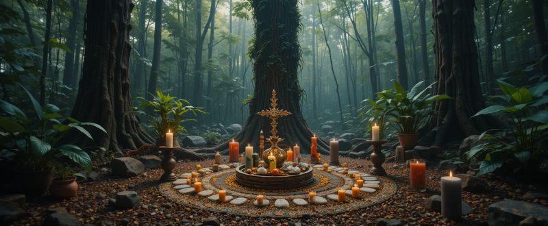 Altar sagrado em floresta com velas e símbolos espirituais, representando a fase de preparação do ritual de Ayahuasca.