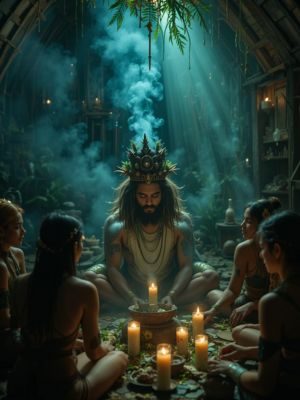 Xamã servindo Ayahuasca a participantes em ambiente espiritual iluminado por velas, simbolizando a fase de ingestão.