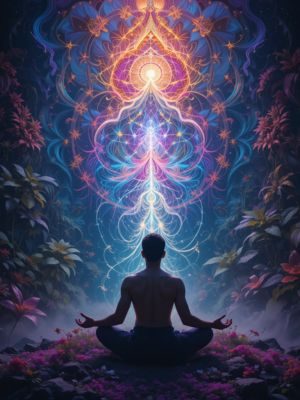 Pessoa vivenciando visões espirituais coloridas sentada em paz durante o ritual de Ayahuasca, representando a fase de vivência.