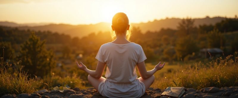 Pessoa meditando ao nascer do sol, escrevendo em um caderno e refletindo, simbolizando a fase de integração.